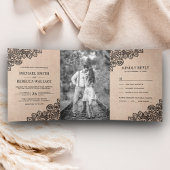 Rustieke Burlap en Black Lace Trouwfoto Drieluik Uitnodiging