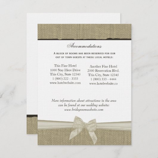 Rustieke Burlap en Bow Direction Info Kaart (Voorkant / Achterkant)