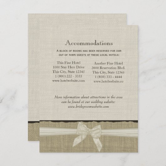 Rustieke Burlap en Bow Direction Info Kaart (Voorkant / Achterkant)