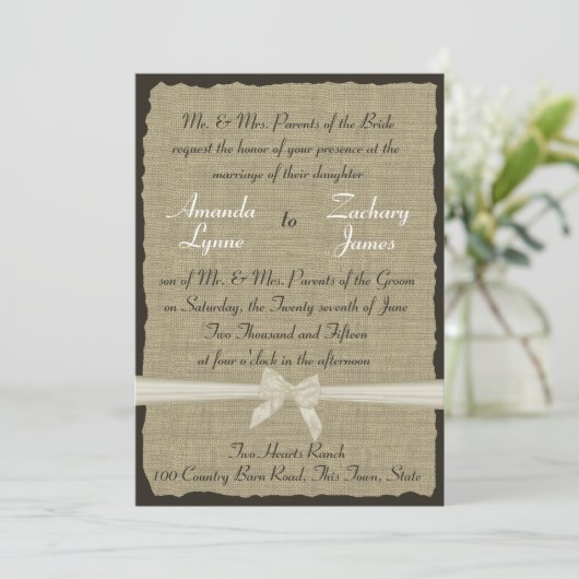 Rustieke Burlap en Bow Kaart (Staand voorkant)