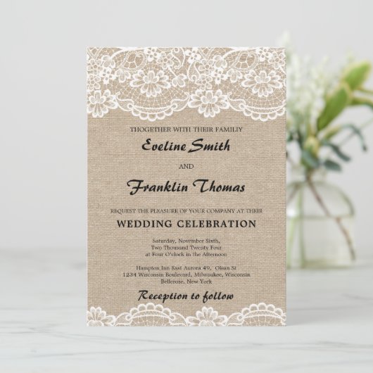 Rustieke burlap en kant  chique bruiloft kaart (Staand voorkant)