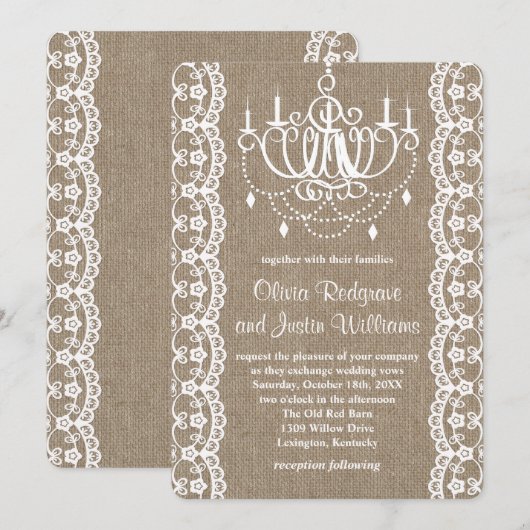 Rustieke Burlap en kant kroonluchter bruiloft Kaart (Voorkant / Achterkant)