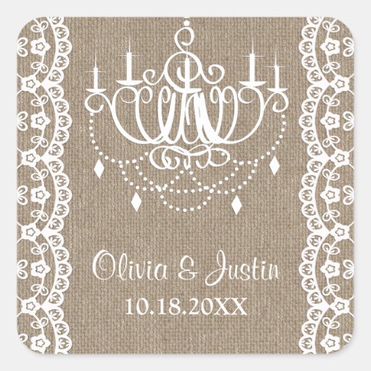 Rustieke Burlap en kant kroonluchter bruiloft Vierkante Sticker (Voorkant)