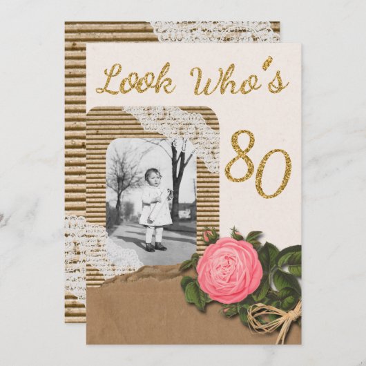 Rustieke Burlap en Kant Roos 80e Verjaardag Invite Kaart (Voorkant / Achterkant)