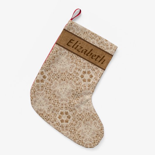 Rustieke Burlap en Kant Snowflake gepersonaliseerd Kleine Kerstsok (Voorkant (Hangend))
