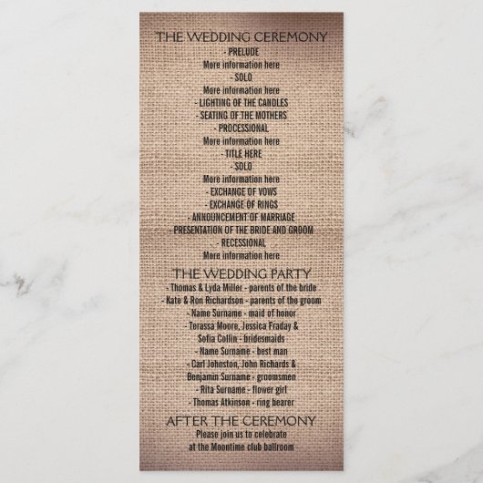 Rustieke burlap en kant trouwprogramma's programmakaart (Achterkant)