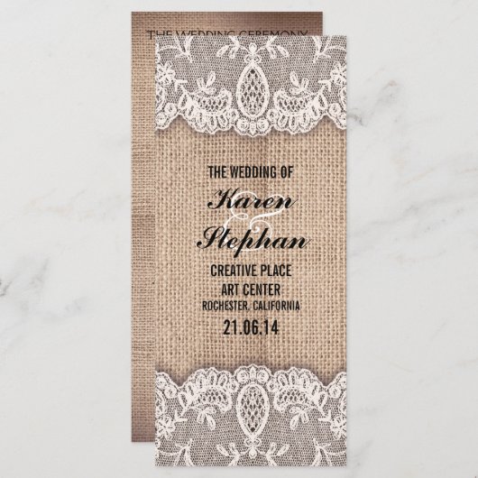 Rustieke burlap en kant trouwprogramma's programmakaart (Voorkant / Achterkant)