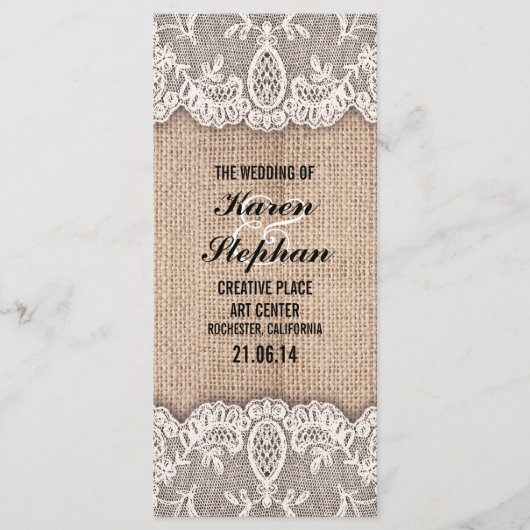 Rustieke burlap en kant trouwprogramma's programmakaart (Voorkant)
