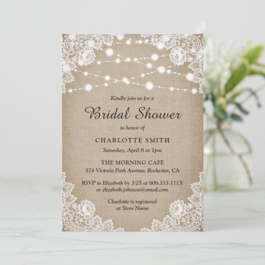 Rustieke Burlap en Lace bruids douche uitnodiging (Staand voorkant)