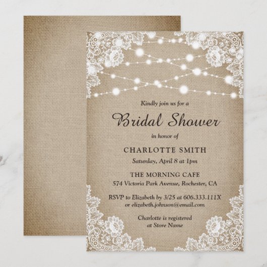 Rustieke Burlap en Lace bruids douche uitnodiging (Voorkant / Achterkant)