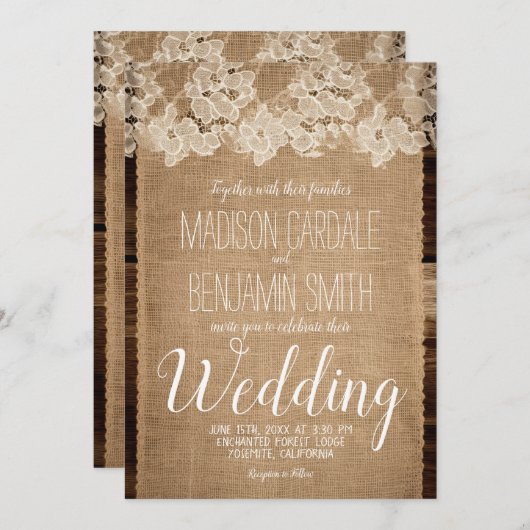 Rustieke Burlap en Lace Country bruiloft uitnodigi Kaart (Voorkant / Achterkant)