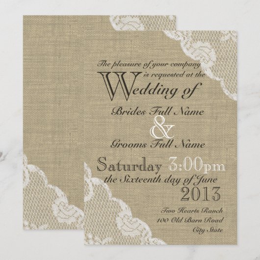 Rustieke Burlap en Lace Country Wedding Kaart (Voorkant / Achterkant)