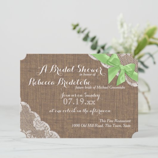 Rustieke Burlap en Lace Green Bow Vrijgezellenfees Kaart (Staand voorkant)