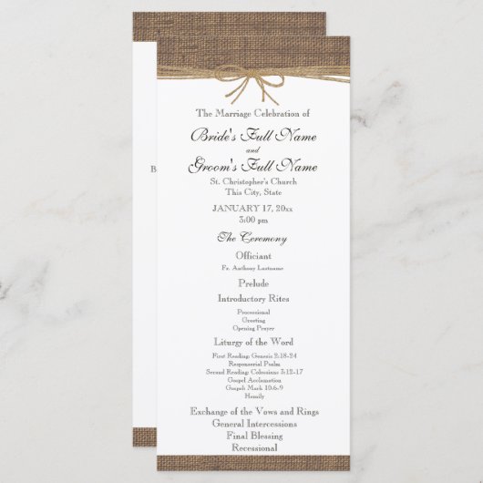 Rustieke Burlap en Twine huwelijksprogramma Programmakaart (Voorkant / Achterkant)