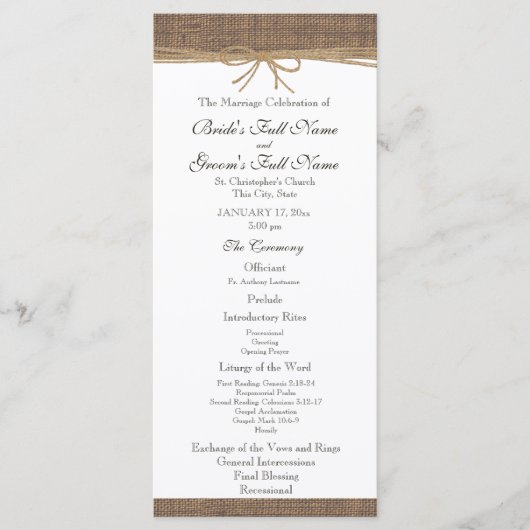 Rustieke Burlap en Twine huwelijksprogramma Programmakaart (Voorkant)