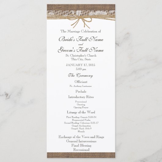 Rustieke Burlap en Twine huwelijksprogramma Programmakaart (Voorkant)