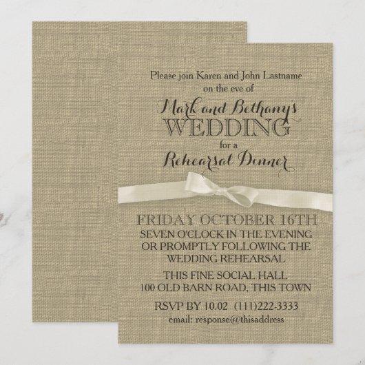 Rustieke Burlap en White Bow repetitie diner Kaart (Voorkant / Achterkant)