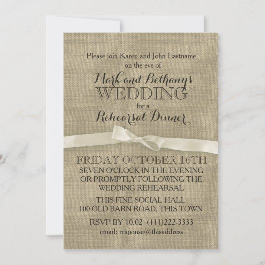 Rustieke Burlap en White Bow repetitie diner Kaart (Voorkant)