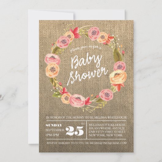 Rustieke Burlap Floral Krans Baby shower Uitnodige Kaart (Voorkant)