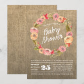 Rustieke Burlap Floral Krans Baby shower Uitnodige Kaart (Voorkant / Achterkant)