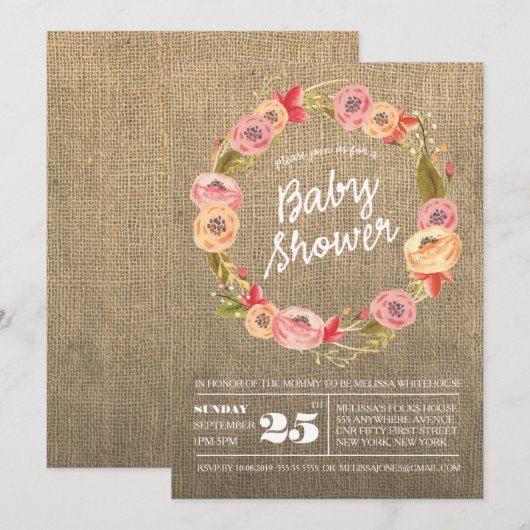 Rustieke Burlap Floral Krans Baby shower Uitnodige Kaart (Voorkant / Achterkant)