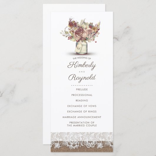 Rustieke Burlap Floral Mason Jar Trouwprogramma's Programmakaart (Voorkant / Achterkant)