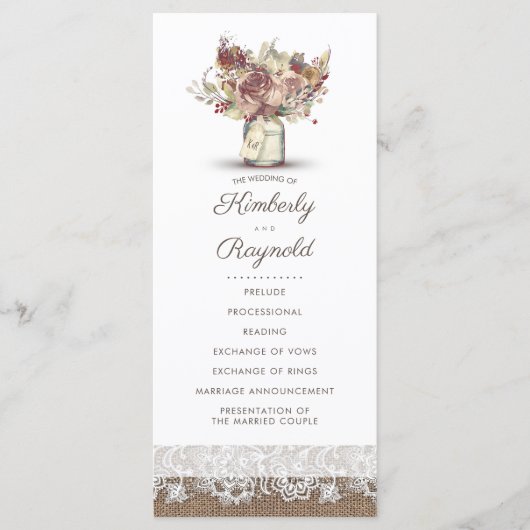 Rustieke Burlap Floral Mason Jar Trouwprogramma's Programmakaart (Voorkant)