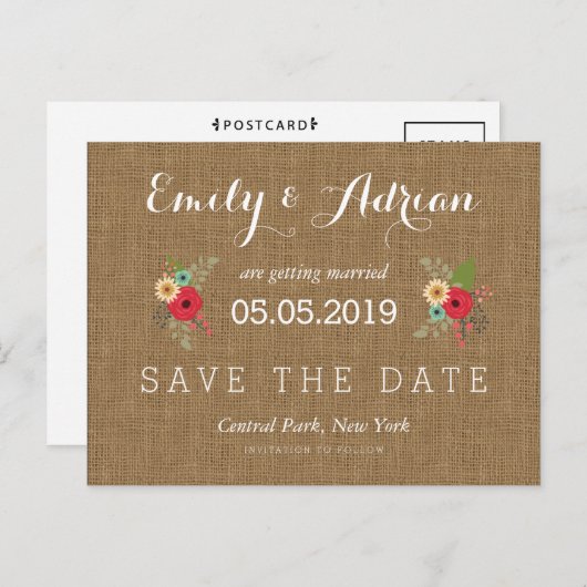 Rustieke Burlap Floral Save the Date Briefkaarten (Voorkant / Achterkant)