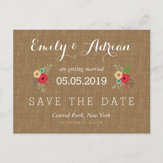 Rustieke Burlap Floral Save the Date Briefkaarten (Voorkant)
