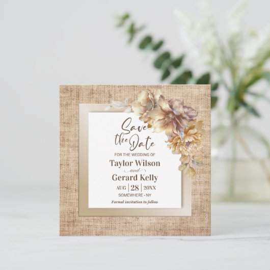 Rustieke Burlap Floral Wedding Save the Date (Staand voorkant)