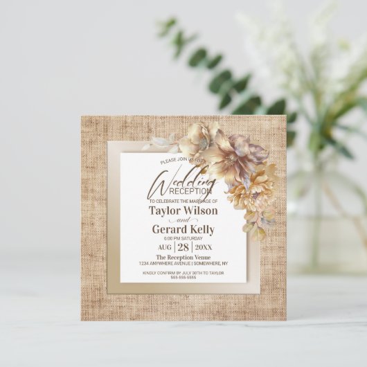 Rustieke Burlap Goud Bloemen Bruiloft Receptie Kaart (Staand voorkant)