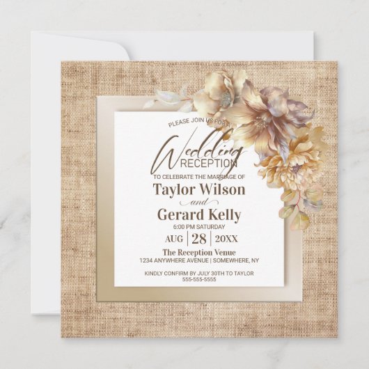 Rustieke Burlap Goud Bloemen Bruiloft Receptie Kaart (Voorkant)