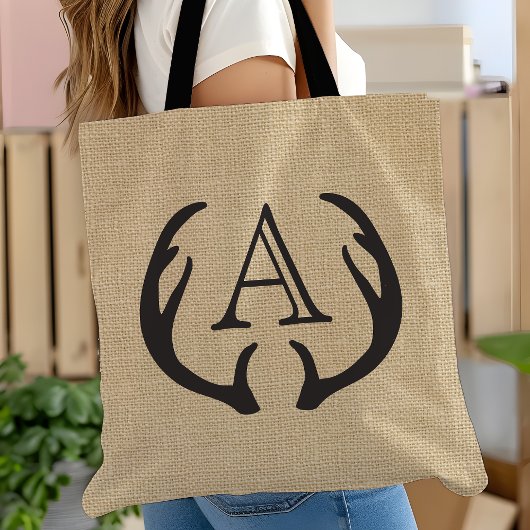 Rustieke Burlap Herten Antler Monogrammed Canvas t Tote Bag