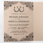 Rustieke Burlap Hoefijzers Lace Wedding Foto Drieluik Uitnodiging (Binnenzijde eerst)