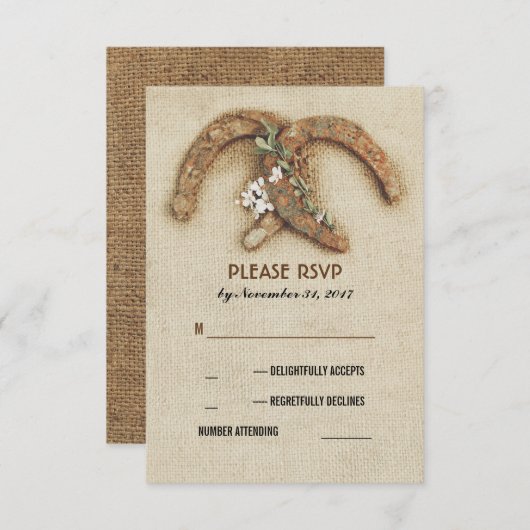 rustieke burlap hoefijzers paar bruiloft RSVP kaar (Voorkant / Achterkant)