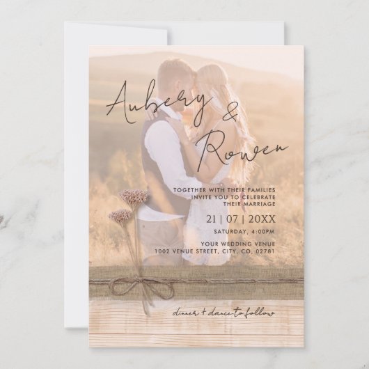 Rustieke Burlap Hout Wildflower Boho Fotobruiloft Kaart (Voorkant)