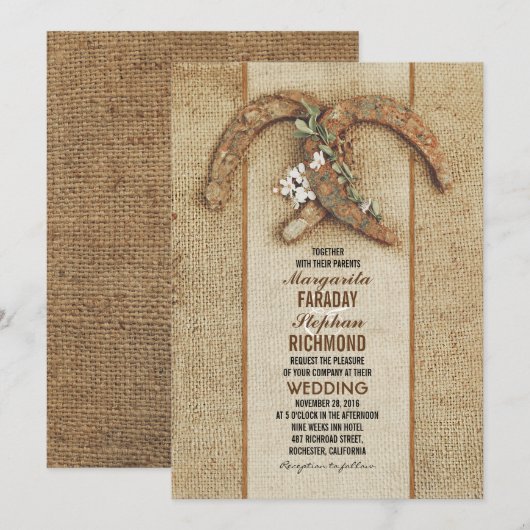 Rustieke Burlap Huwelijksuitnodiging met Hoefijzer Kaart (Voorkant / Achterkant)