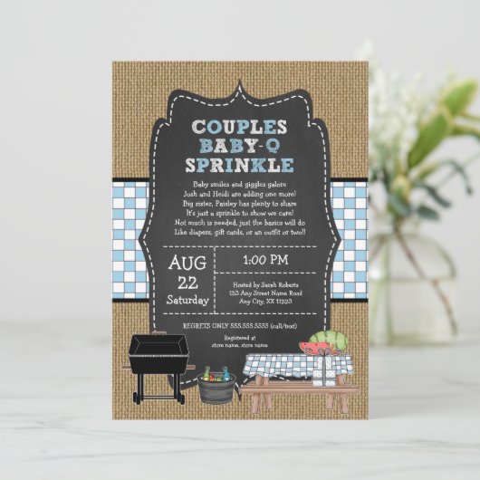 Rustieke Burlap Jongen Koppels Baby Q Sprinkle Sho Kaart (Staand voorkant)