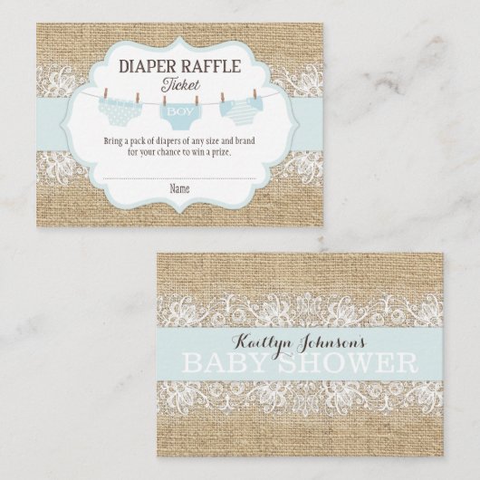 Rustieke Burlap Kant Blue Boy Luier Raffle Ticket Informatiekaartje (Voorkant / Achterkant)