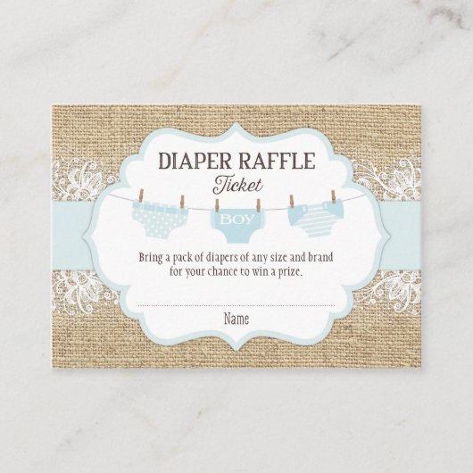 Rustieke Burlap Kant Blue Boy Luier Raffle Ticket Informatiekaartje (Voorkant)