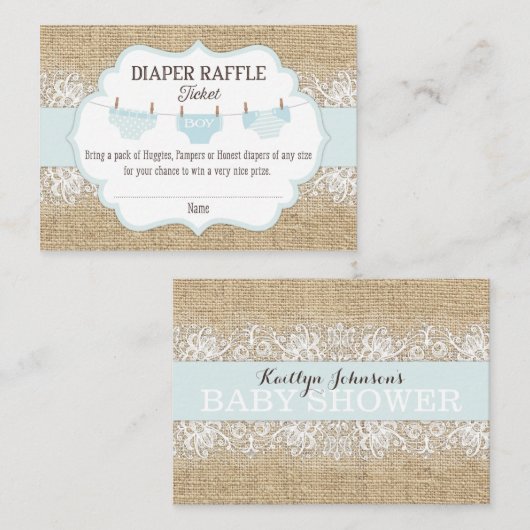 Rustieke Burlap Kant Blue Boy Luier Raffle Ticket Informatiekaartje (Voorkant / Achterkant)