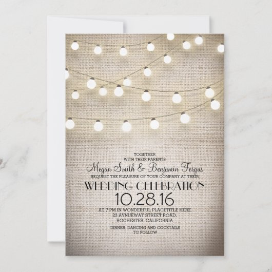 Rustieke Burlap Kant en String Lights Wedding Kaart (Voorkant)