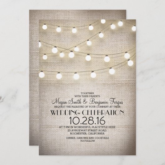 Rustieke Burlap Kant en String Lights Wedding Kaart (Voorkant / Achterkant)