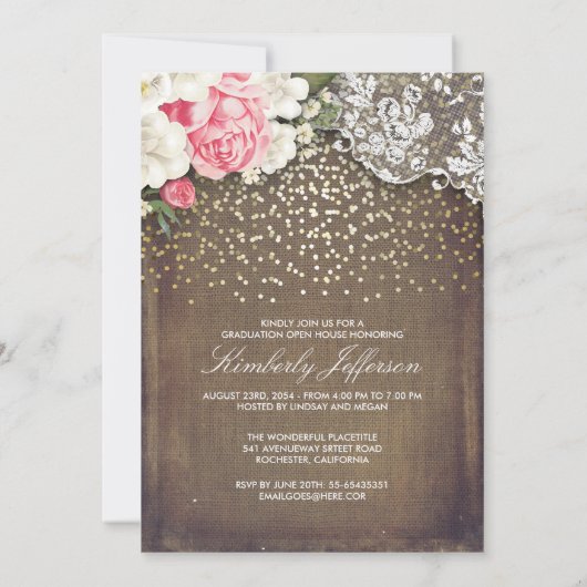 Rustieke Burlap Kant Goud Confetti Foto Afstuderen Kaart (Achterkant)