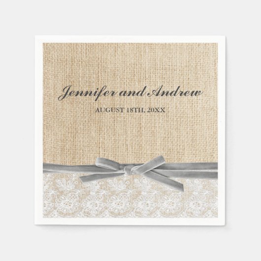 Rustieke Burlap Kant Grijs Ribbon Wedding Servetten (Voorkant)
