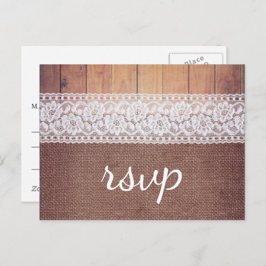 Rustieke Burlap Kant & Hout RSVP Uitnodiging Briefkaart (Voorkant / Achterkant)