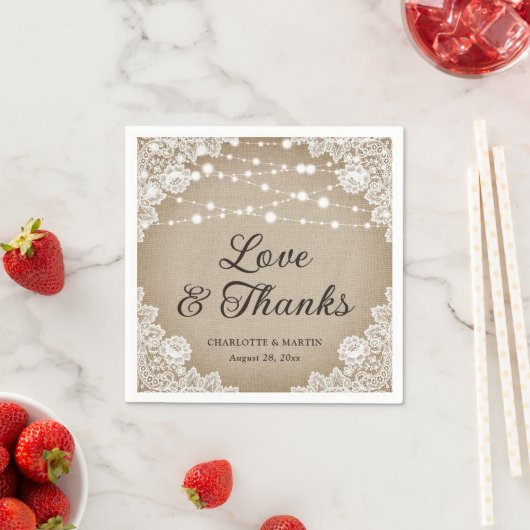 Rustieke  Burlap Kant Liefde en Bedankt Bruiloft Servet (Insitu)