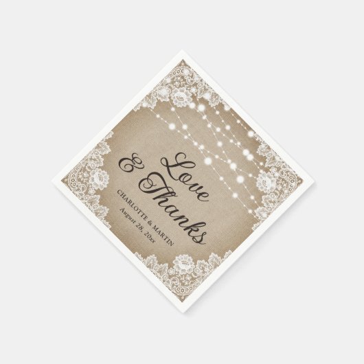 Rustieke  Burlap Kant Liefde en Bedankt Bruiloft Servet (Hoek)