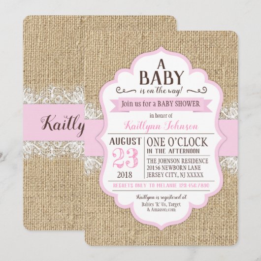 Rustieke Burlap Kant Roze Baby shower Uitnodiging (Voorkant / Achterkant)