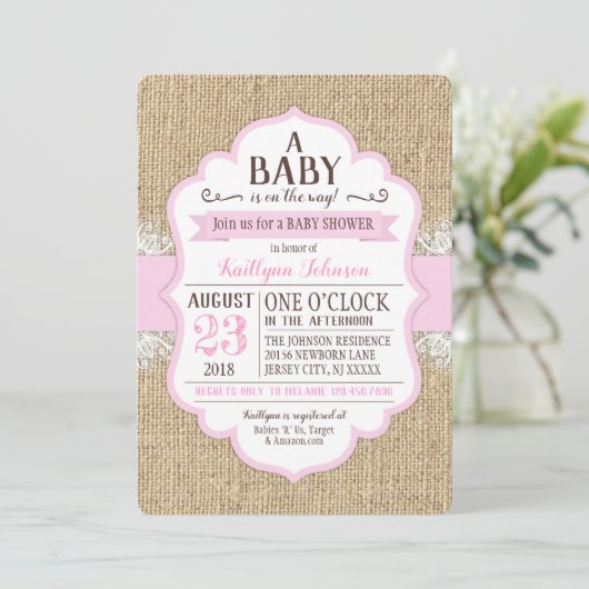 Rustieke Burlap Kant Roze Baby shower Uitnodiging (Staand voorkant)